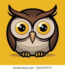 Cartoon owl with large round eyes on a yellow backgroundm minimalistic flat 2D vector illustration
