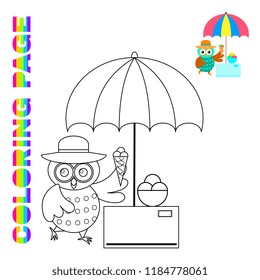 Cartoon owl near stall with ice cream. Coloring page for kids