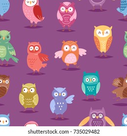 Cartoon owl night fly bird cartoon style vector set character different pose seamless pattern background