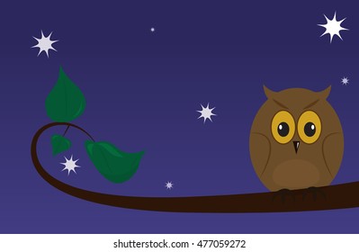Cartoon owl on a branch, on a background of the starry sky. Vector illustration