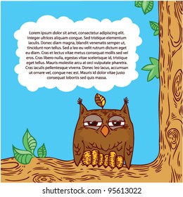 cartoon owl on branch in front of blue background