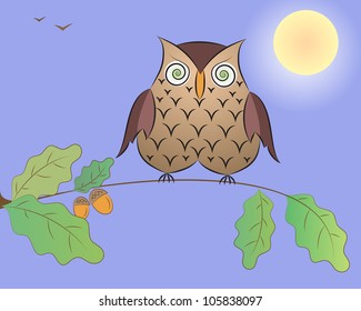 Cartoon an owl on an oak branch at night under the moon. Vector.