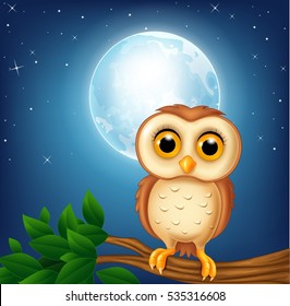 Cartoon owl on the tree branch