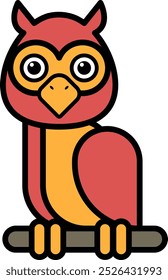 A cartoon owl with orange and red feathers sits on a branch. The owl has a big, curious look on its face