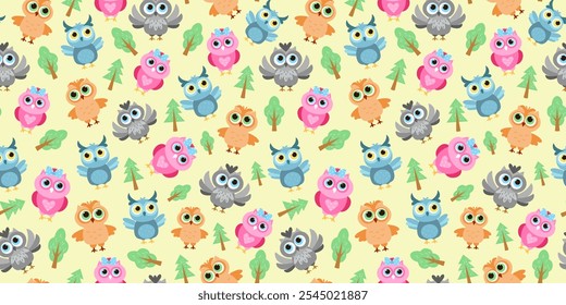 Cartoon owl pattern. Stylish, cute set of vector cartoon bright owls. Collection of different bright birds. Seamless background. Wallpaper decor.