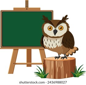 Cartoon owl perched beside a blank chalkboard