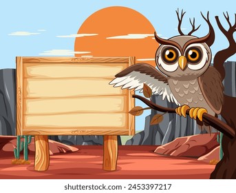 Cartoon owl perched beside an empty signboard