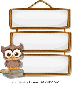 Cartoon owl perched on books beside empty signs.