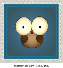 Cartoon Owl Postage Stamp. Vector Illustration