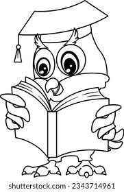 Cartoon Owl Reading Book for Coloring Page. The concept of self-education. Vector Illustration of a Wise Bird in a Graduation Hat and a Book