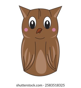 Cartoon owl with rosy cheeks and brown feathers. Vector illustration.