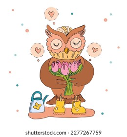 Cartoon owl in rubber boots with tulip bouquet and watering can. Greeting card for Mother's Day, Best Friend's Day, for Tulips day. Vector spring illustration.  