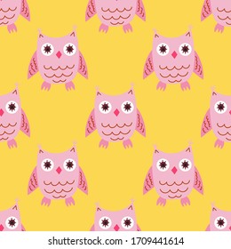 Cartoon owl seamless pattern. Cute bird background. Vector illustration. 