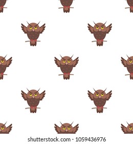 Cartoon owl seamless pattern on white background. Brown eagle-owl bird endless texture. Vector illustration of wildlife flying character, wallpaper wrapping paper design repeatable structure