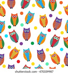 Cartoon owl seamless texture, cute owl background, owl children's wallpaper. Vector illustration