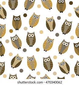 Cartoon owl seamless texture, cute owl background, owl children's wallpaper. Vector illustration