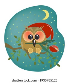 Cartoon owl sits on a branch. Postcard with a cute bird in a red cap with a tulip in its beak. Against the background of the night, starry sky and the moon. Funny vector illustration.