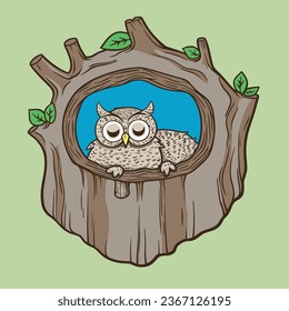 cartoon owl sitting in a hollow with a tree