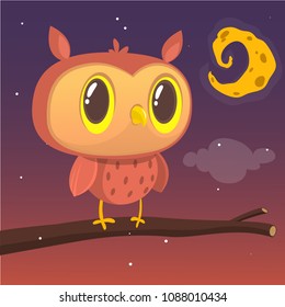 Cartoon owl sitting on branch on background of the full moon