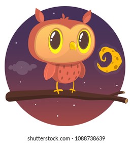 Cartoon owl sitting on branch on background of the full moon. Vector illustration