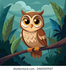 Cartoon owl sitting on a branch on a blue background with trees and sky in the background