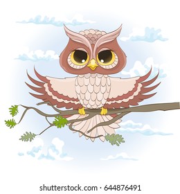 cartoon owl sitting on a branch with open wings. vector illustration