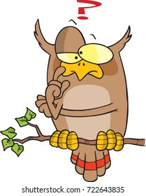 cartoon owl sitting on a branch and thinking with a question mark above his head