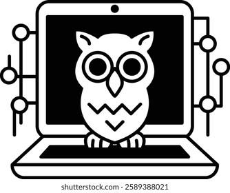 A cartoon owl is sitting on a laptop computer
