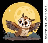 Cartoon Owl Sitting on Tree at Night Vector