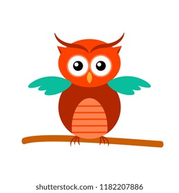 Cartoon owl sitting on tree branch isolated on white