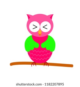Cartoon owl sitting on tree branch isolated on white