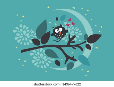 A cartoon owl is sitting on a tree