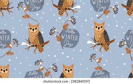 Bola de caricatura sentada en una rama de árbol y con letras de la mano Hola a los días de invierno. Patrón inmaculado con carácter lindo y plantas cubiertas de nieve. Fondo vectorial con brotes de hierba y nevada.