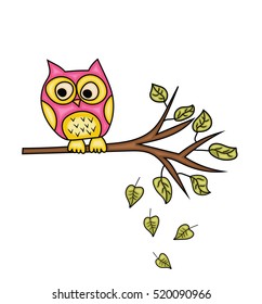 Cartoon owl sitting on a tree branch with falling leaves. Hand drawn doodle vector illustration in color. 