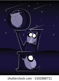 Cartoon owl sleeping under the starry