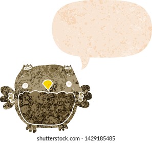 cartoon owl with speech bubble in grunge distressed retro textured style