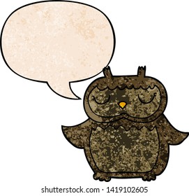 cartoon owl with speech bubble in retro texture style