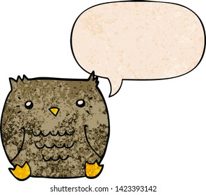 cartoon owl with speech bubble in retro texture style