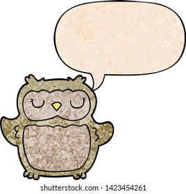 coruja de desenho animado com balão em estilo de textura retrô
