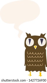 búho de dibujos animados con burbuja de habla en estilo retro