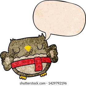cartoon owl with speech bubble in retro texture style