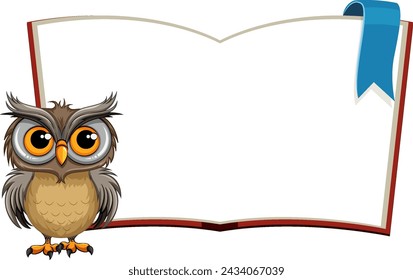 Cartoon owl standing before an open book