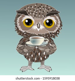 cartoon owl standing and holding a cup of coffee and saucer, color detailed vector illustration