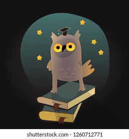 Cartoon owl stands on ancient books - vector illustration