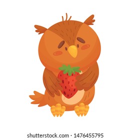 Cartoon owl with strawberries. Vector illustration on white background.