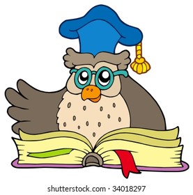 Cartoon owl teacher with book - vector illustration.