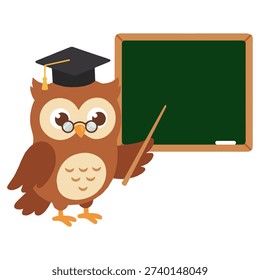 Cartoon owl teacher with pointer and blackboard, cute school mascot character in flat style isolated on white background. Vector illustration