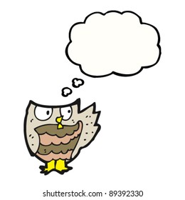cartoon owl with thought bubble gesturing with wing