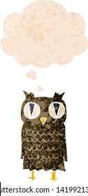 cartoon owl with thought bubble in grunge distressed retro textured style