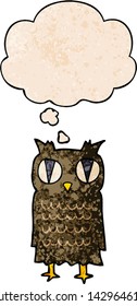 cartoon owl with thought bubble in grunge texture style